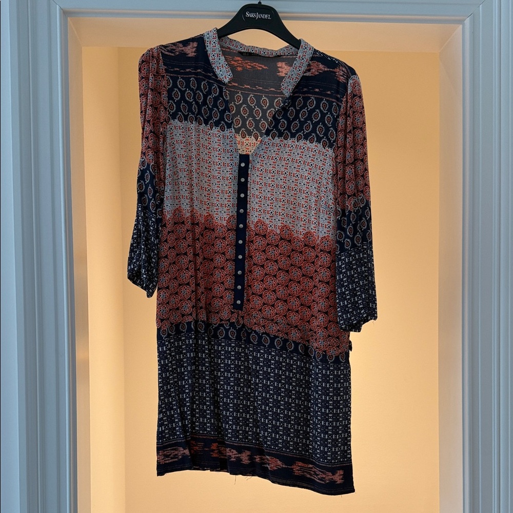Zara Women’s Mixed-Print Navy and Rust Button-Front Dress